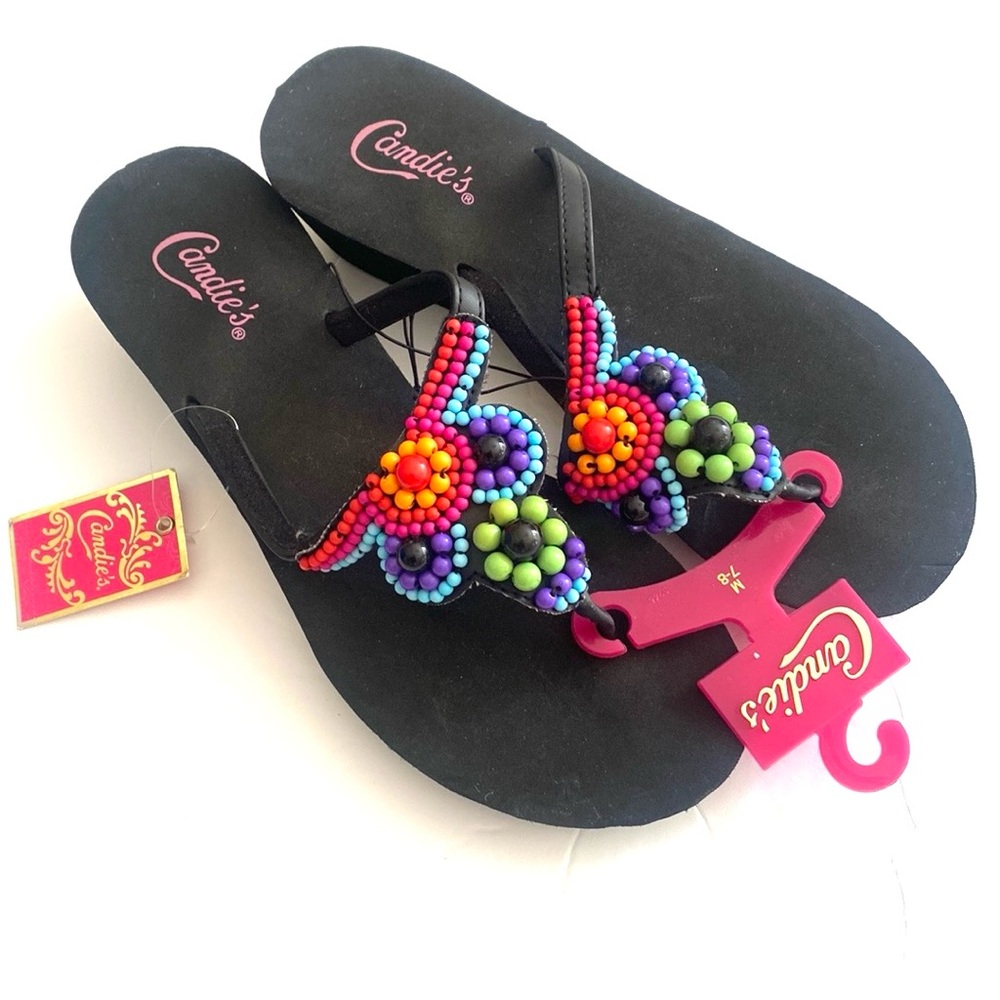 Candies multicolored thong wedge flip flops, Size 7-8, NWT